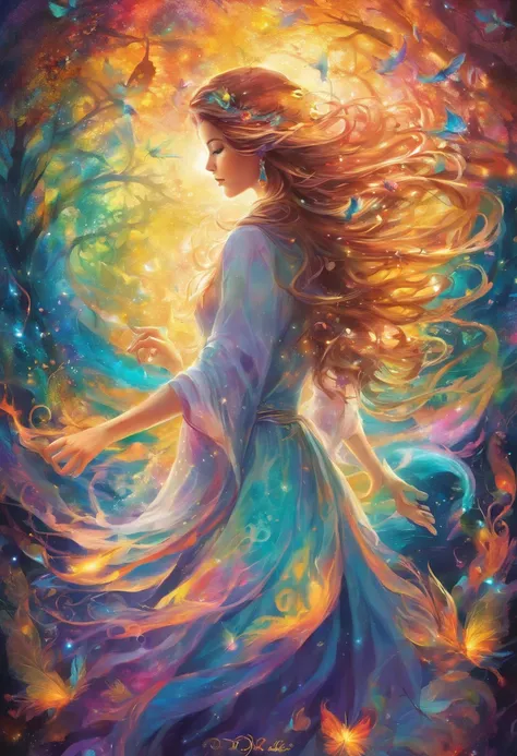 girl casting mystical glowing spells, fantasy rainbow forest, vibrant colors, ethereal lighting, detailed foliage, magical atmosphere, enchanting scenery, dreamlike ambiance, shimmering glow, flowing robes, wisps of magic, ethereal creatures, enchanted tre...