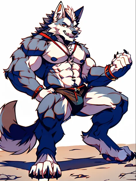 Human-wolf，musculature，Hairy all over，clawed paws，erect through