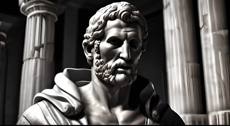 seneca, close-up of a classic wise greek philosopher, statue in a temple, stoic posture, greek god, wisdom, cinematic feel, blac...