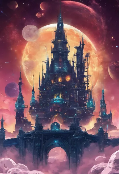 A futuristic science fiction world, this huge castle in space has no concept of up or down. An upside-down castle, a space fortress, a space port, a giant cluster of antennas, (Best quality), (masterpiece:1.3), No ground, outer space, space opera, Ferris w...