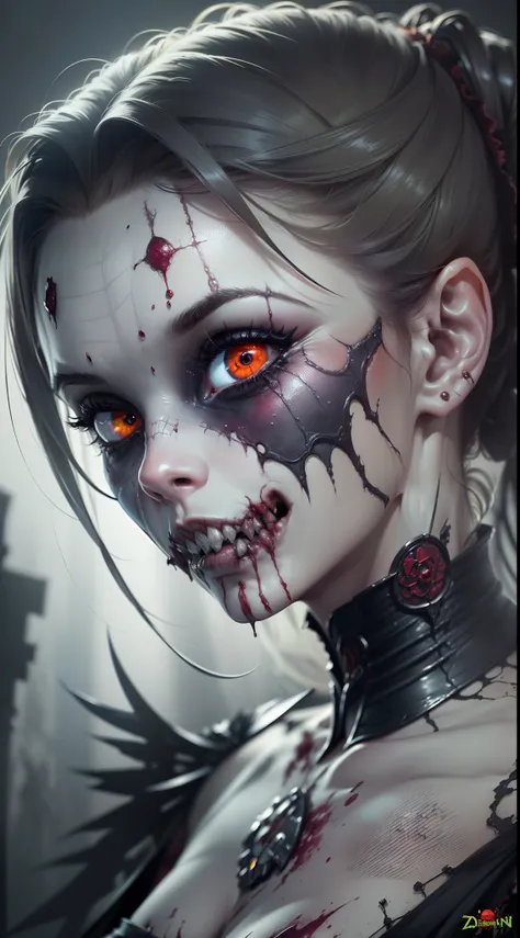 (8k wallpaper with extremely detailed CG unit, masterpiece, best quality, ultra-detailed), (best lighting, best shadow), (a perfect and symmetrical face of (((a beautiful zombie woman, decaying skin))), with eyes that reflect the beauty of the world), attr...