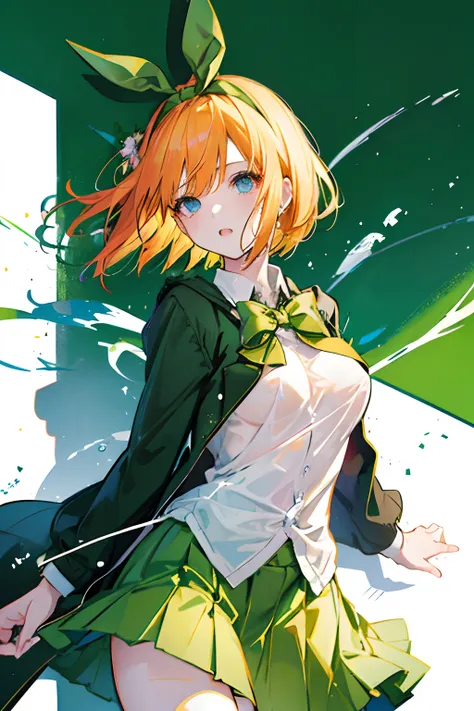 nsfw,Bare breasts,show off nipple,green ribbon headband with wire, green rabbit ear,solo,bob cut, school uniform,orange hair, blue eyes ,green skirt,floating,black jacket, yellow sweater, open jacket,school,Top image quality,Masterpiece,Best Quality