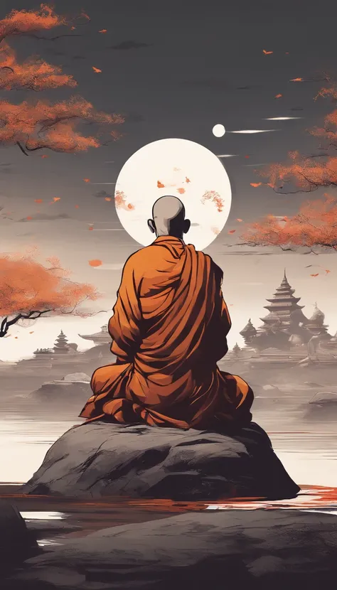 An old monk sits on a large rock，Extremely old monk，（Pray in a lotus pose），Buddhist monk meditation, On the road to enlightenment, Man has a deep connection with God, Zen meditation,Brown robe，(rear view)，from back，rear angle，Great light，buddhism，beautiful...