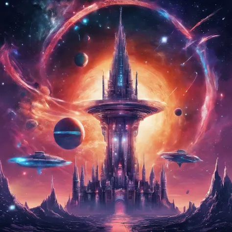 A futuristic science fiction world, this huge castle in space has no concept of up or down. An upside-down castle, a space fortress, a space port, a giant cluster of antennas, (Best quality), (masterpiece:1.3), No ground, outer space, space opera, Ferris w...