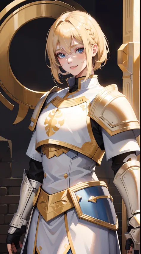 adult man, Blonde hair in a bob, blue eyes, Smile, Beautiful white armor with gold elements, paladin, hammer, shield, Masterpiece, hiquality, 4k, HD, Good detail