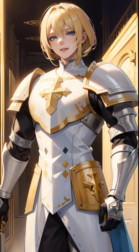 adult man, Blonde hair in a bob, blue eyes, Smile, Beautiful white armor with gold elements, paladin, hammer, shield, Masterpiece, hiquality, 4k, HD, Good detail