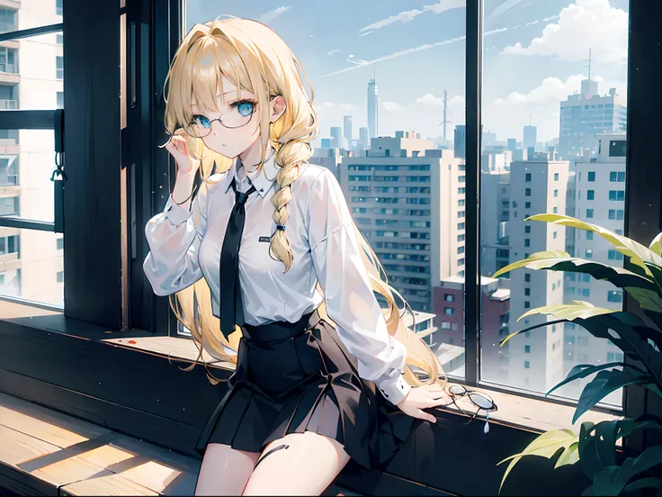 18-year-old blonde girl, Turquoise eyes, long-haired, Left Braid,.., eyeglasses.. Wear a white shirt...., Black miniskirt Wear a black tie.. sitting on a window sill,