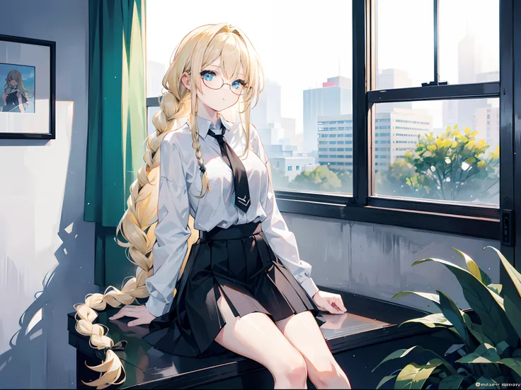 18-year-old blonde girl, Turquoise eyes, long-haired, Left Braid,.., eyeglasses.. Wear a white shirt...., Black miniskirt Wear a black tie.. sitting on a window sill,