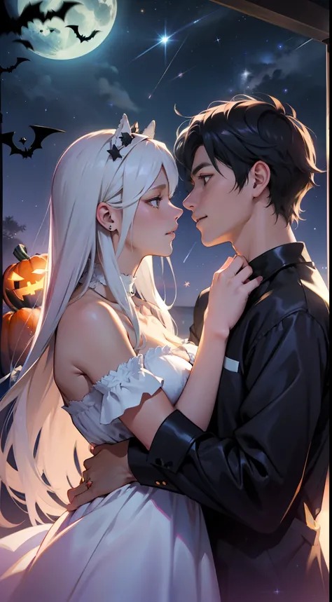 As night fell，Soft starlight shines on lovers，They kiss romantically under the bright starry sky, Halloween party night, wearing a Halloween costume