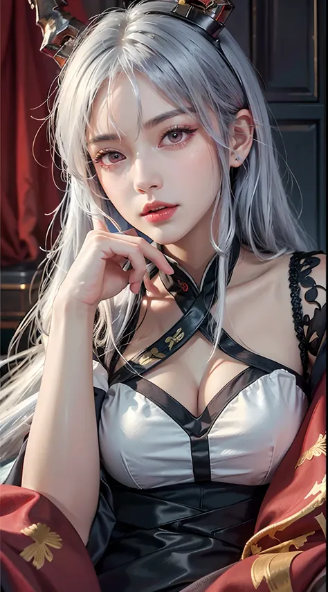 photorealistic, high resolution, soft lights, 1women, solo, hips up, look at viewer, (detailed face), red eyes, white hair, long...