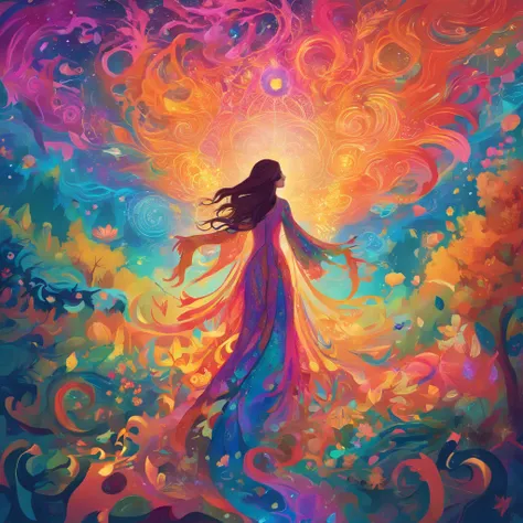 girl casting mystical glowing spells, fantasy rainbow forest, vibrant colors, ethereal lighting, detailed foliage, magical atmosphere, enchanting scenery, dreamlike ambiance, shimmering glow, flowing robes, wisps of magic, ethereal creatures, enchanted tre...