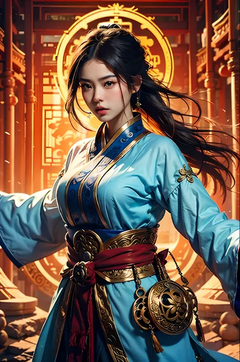 Best Quality, Masterpiece, Ultra High Resolution, (Realistic: 1.4), Xiuxian, Weapon, Detail Face, 1 Girl, Solo, Weapon, (Magic Circle: 1.2), Xiuxian, Upper Body, Young Woman, Full Body, East Asian Architecture, Sheath, Building,