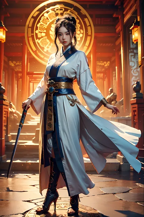 Best Quality, Masterpiece, Ultra High Resolution, (Realistic: 1.4), Xiuxian, Weapon, Detail Face, 1 Girl, Solo, Weapon, (Magic Circle: 1.2), Xiuxian, Upper Body, Young Woman, Full Body, East Asian Architecture, Sheath, Building,