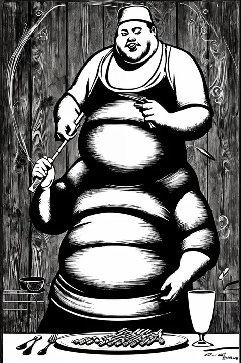 Fat man eating barbecue black and white decorative painting is manic