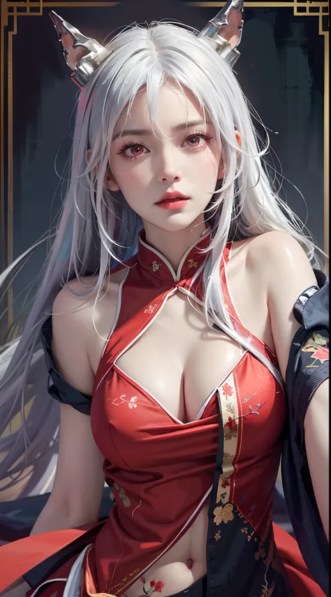 photorealistic, high resolution, soft lights, 1women, solo, hips up, look at viewer, (detailed face), red eyes, white hair, long...