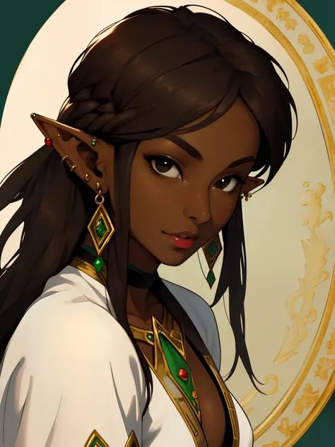 Masterpiece, high quality, (Deep brown skin tone), elf, fit, beautiful elf, sexy elf, female, portrait, piercings, virgin, Whore house background, black eyes, vivid colors, princess