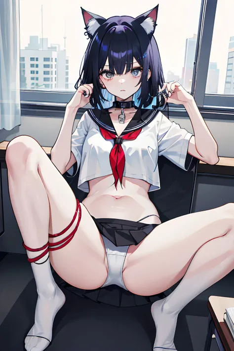 Black and blue hair，Beautiful women，white  panties，being thin，spread their legs，Squat，JK clothing，revealing her belly，Be red in the face，cat ear，in class room，Wear a collar，Unhappy，Raise your hands high，Tied with a rope