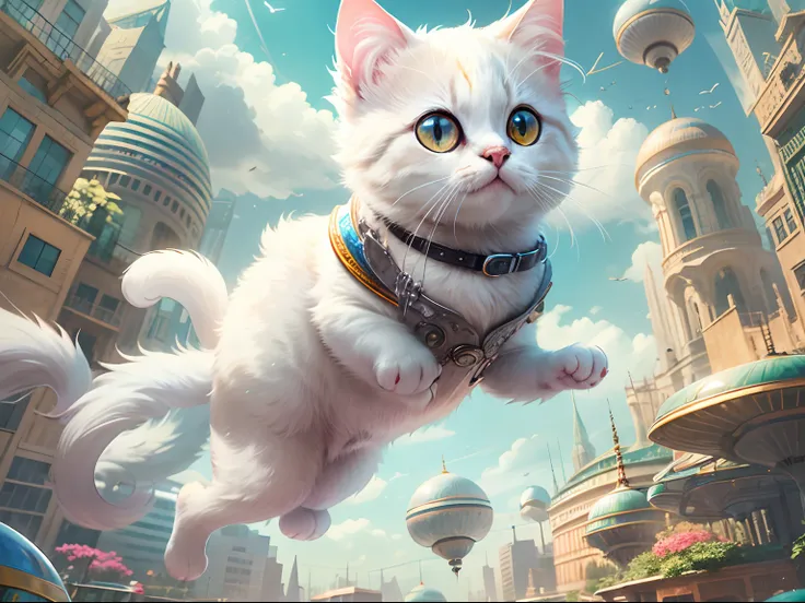 1 white round-eyed cute cat,Sit on a colorful flying carpet, flying through the air, The background is the city of the future, Science fiction world,