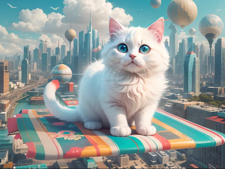 1 white round-eyed cute cat,Sit on a colorful flying carpet, flying through the air, The background is the city of the future, Science fiction world,