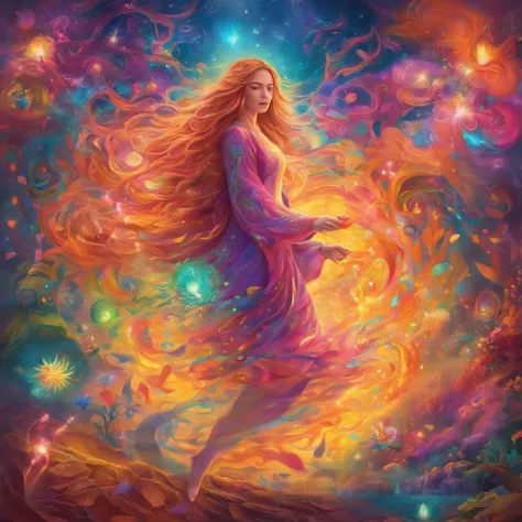 girl casting mystical glowing spells, fantasy rainbow forest, vibrant colors, ethereal lighting, detailed foliage, magical atmosphere, enchanting scenery, dreamlike ambiance, shimmering glow, flowing robes, wisps of magic, ethereal creatures, enchanted tre...