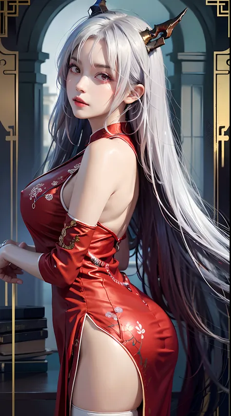 photorealistic, high resolution, soft lights, 1women, solo, hips up, look at viewer, (detailed face), red eyes, white hair, long...