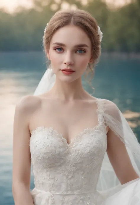 1 beautiful girl, (Realistic:1.3) (full bodyesbian:1.3), standing photo, Stand in front of the blue lake, White wedding dress, Soft dress, blond hairbl, Blue eyes, Wavy hair, Masterpiece, diffused soft lighting, Portrait, Best quality (Perfect face:1.4), U...