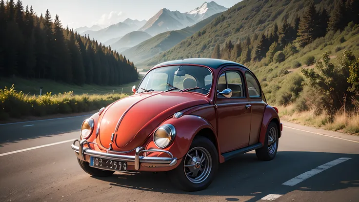 A bright red 1969 Beetle with black wheels,black windows,black line on the side of the car on a highway,day,sun,scenery,nature,magnificent --auto