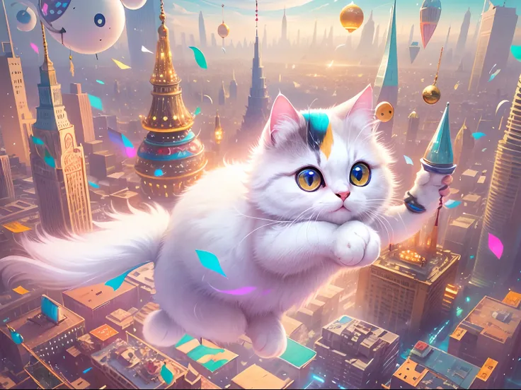 1 white round-eyed cute cat, flying through the air, Sit on a colorful flying carpet, The carpet has tassels along the edges,  , The background is the city of the future, Science fiction world.