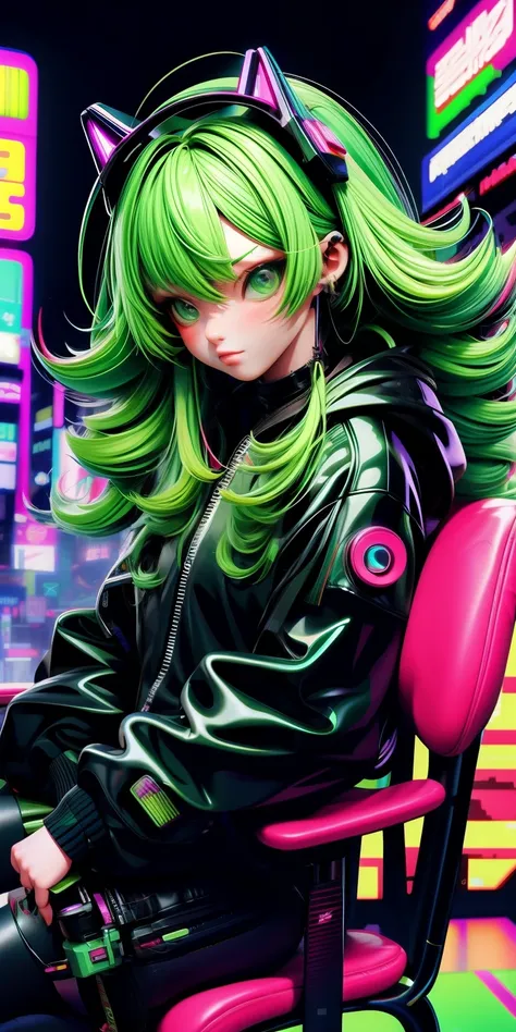 anime girl with green hair sitting on a chair in a neon city, long curly messy green hair, cyberpunk anime girl in hoodie, cyberpunk anime girl, anime style 4 k, anime cyberpunk art, best anime 4k konachan wallpaper, digital cyberpunk anime art, female cyb...