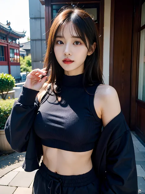 arafed asian woman in a blue crop top and grey sweatpants, a picture by Leng Mei, tumblr, shin hanga, young asian girl, wearing crop top, beautiful asian girl, beautiful midriff, wearing a sexy cropped top, croptop, asian girl, physical : tinyest midriff e...