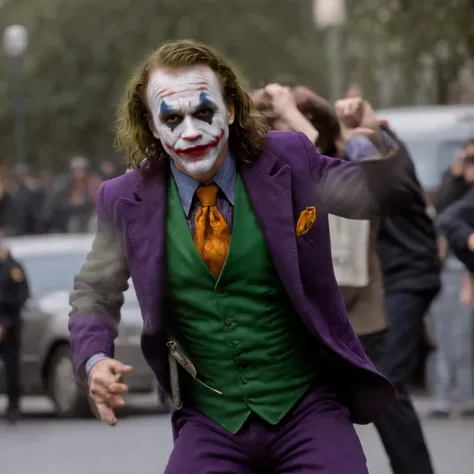 full-length cinematic stand-still photo of dancing crazy with gun laughing open mouth (( The Joker Heath Ledger live-action film )) in action senses fighting the policemen in the city, perfect full-length professional real shot, --ar1:1