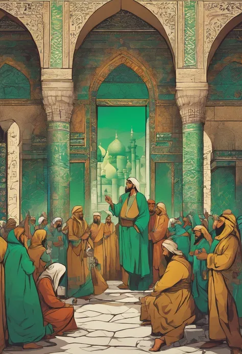 An arabian man with green robe telling parables in a crowd, mosque, 1400 years ago, Islamic elements, extremely detailed