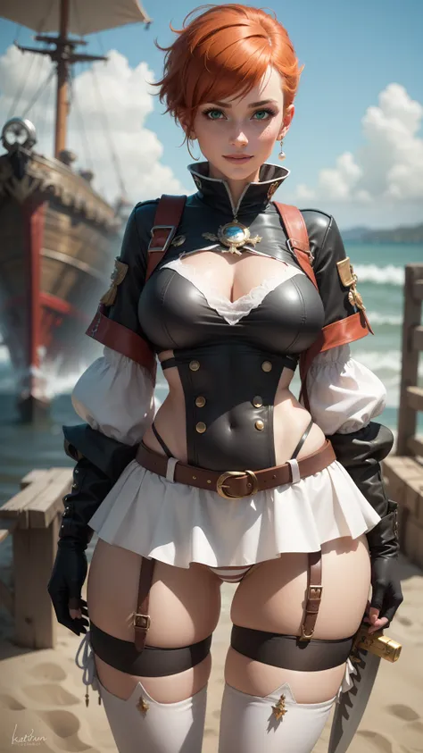 gwen tennyson,tracer,yorha 2b,nami, rebecca chambers,reisalin stout,pirate outfit,beach,teenager,green eyes,thigh high boots,garter belt,striped panties, short hair,orange hair,pirate ship,shy smile,ginger,white striped top,tight skirt, freckles,redhead,pi...