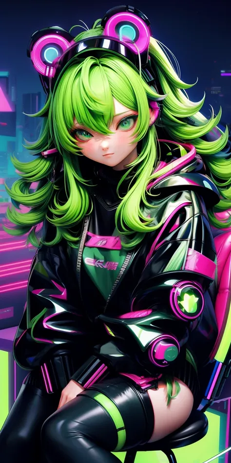 anime girl with green hair sitting on a chair in a neon futuristic bedroom, long curly messy green hair, cyberpunk anime girl in hoodie, cyberpunk anime girl, anime style 4 k, anime cyberpunk art, best anime 4k konachan wallpaper, digital cyberpunk anime a...