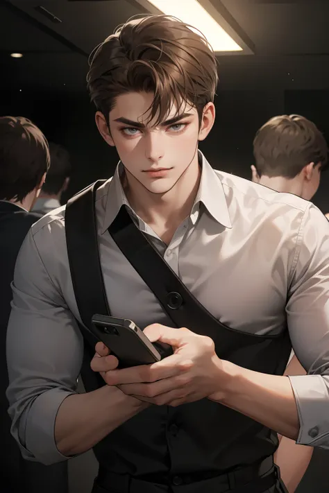 masterpiece, best quality, realistic, 1man, mature male, quiet and charming young man, 25 years old, close his eyes, serious look, extremely detailed face, ((dark grey eyes)), ((short-right-swept dark brown hair)), [thick eyebrows], detective, at the crime...