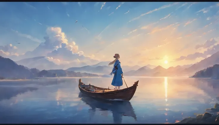 Painting boats in mountain lakes and white clouds, The ship flies in the sky，Huge sails，dreamlike digital painting, fantasy digital painting, fantasy. gondola boat, Chinese style painting, digital cartoon painting art, glossy digital painting, Chinese pain...