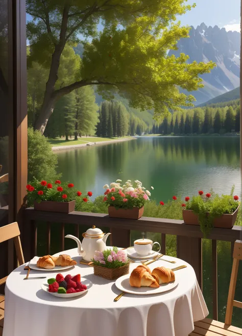 morning, A place near the lake. the trees. terrace, There is a bouquet on the table, Cups of coffee, Vases with fruits and berries. A dish with croissants