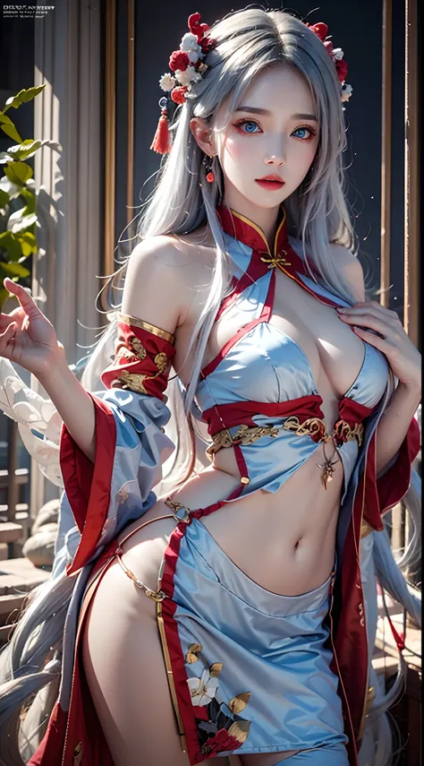 photorealistic, high resolution, soft lights, 1women, solo, hips up, red eyes, white hair, long hair, detailed eyes, blue eyes, solo, chinese traditional clothing, red wedding hanfu, realistic, makeup