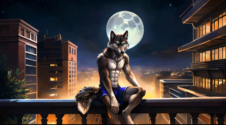 ((Solo)), male people, anthro wolf, (Multi-colored fur, White-brown:1.3), ((Wolf face, White hair, Big eyes, White eyelids, Blue pupil, Slim:1.2) (Tough, Calm expression:1.2)), Abs, Slim, pinging)), (Correct anatomy), (Work shorts:1.1), (Contour bone:1.2),...