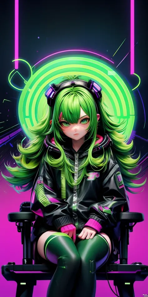 anime girl with green hair sitting on a chair in a neon futuristic bedroom, long curly messy green hair, cyberpunk anime girl in hoodie, cyberpunk anime girl, anime style 4 k, anime cyberpunk art, best anime 4k konachan wallpaper, digital cyberpunk anime a...