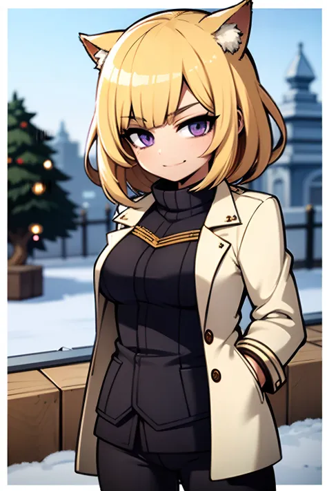 cute girl, cat girl, shiny golden hair, light skin, purple eyes, winter coats, looking at viewer