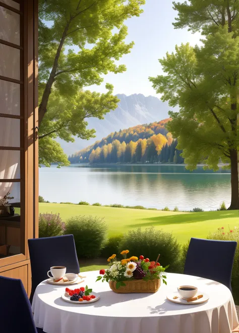 morning, A place near the lake. the trees. terrace, There is a bouquet on the table, Cups of coffee, Vases with fruits and berries. A dish with croissants