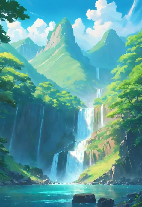 Mountains with waterfalls and a few trees in the foreground, Impressive fantasy landscapes, epic landscapes, Fantasy Matte Painting，Cute, fantasy art landscape, The most majestic scenery, 4K HD Matte Digital Painting, Epic Fantasy Landscape, 4k highly deta...