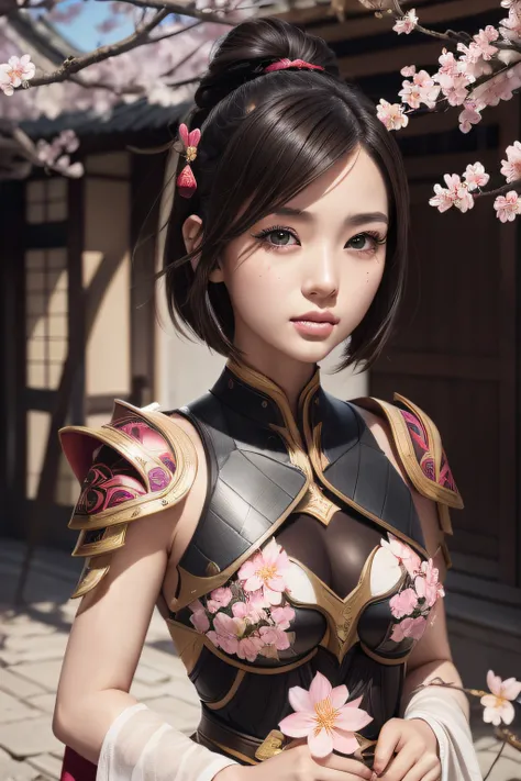 beautiful japanese young woman, wearing ninja armor, thick symmetrical features, very short hair, background is cherry blossoms, pink aura, red lips, octane render,