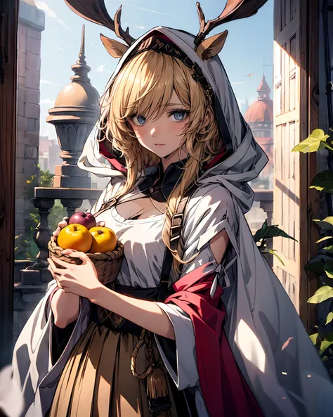 A woman in traditional dress holds a basket of fruit, Bohemian style | | very anime!!!, Guviz-style artwork, Detailed digital anime art, offcial art, detailed anime art, clean and meticulous anime art, Beautiful anime artwork, Beautiful anime art, Detailed...