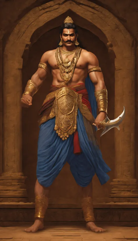 Bhima possesses a Herculean physique that dominates the space around him. He stands with an imposing stature, head held high, and shoulders squared. His chest is like a massive bulwark, a testament to his unparalleled strength. The sinewy muscles ripple be...