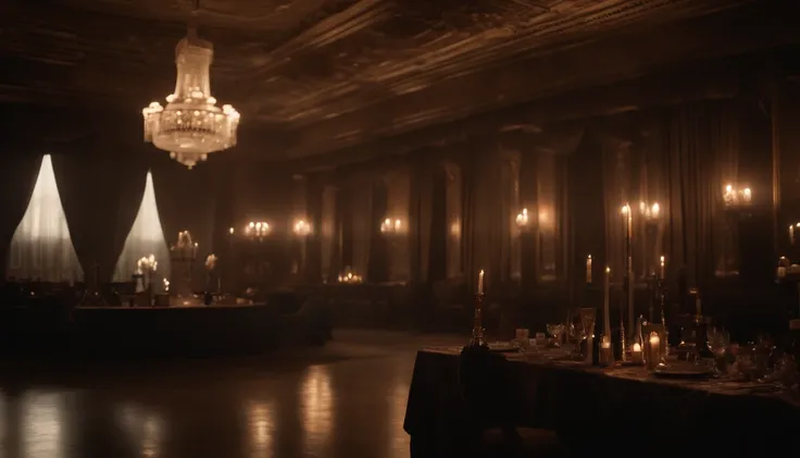 Create a ballroom with enigmatic symbols, dark tone and party room with abandoned and mysterious aspect