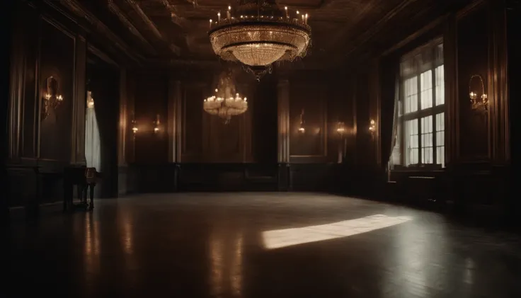 Create a ballroom with enigmatic symbols, dark tone and party room with abandoned and mysterious aspect