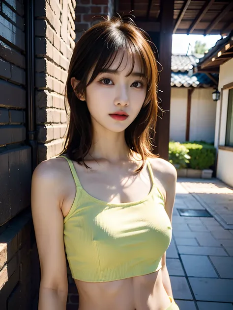 araffe asian woman in a yellow top leaning against a brick wall, open v chest clothes, korean girl, gorgeous young korean woman, beautiful south korean woman, halter top, halter-top, wearing a sexy cropped top, beautiful young korean woman, beautiful asian...