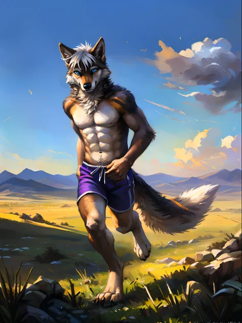 ((Solo)), male people, anthro wolf, (Multi-colored fur, White-brown:1.3), ((Wolf face, White hair, Big eyes, White eyelids, Blue pupil, Slim:1.2) (Tough, Calm expression:1.2)), Abs, Slim, pinging)), (Correct anatomy), (Work shorts:1.1), (Contour bone:1.2),...